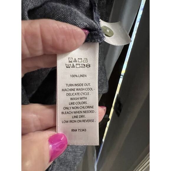 Tahari Blue Drop Waist Linen Button Down Tunic Top Sz L Side Slits - Picture 6 of 7